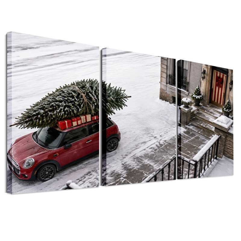 Mini Cooper rouge avec sapin sur fond de neige - Ensemble de 3 toiles murales, 36"W x 18"H Overall - 3 Panels