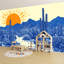 Papier peint auto-adhésif mural, adhésif, adhésif, rétro, adhésif, désert, Boho, cactus mexicain, soleil, bleu, 69 po x l 96 po-237932981