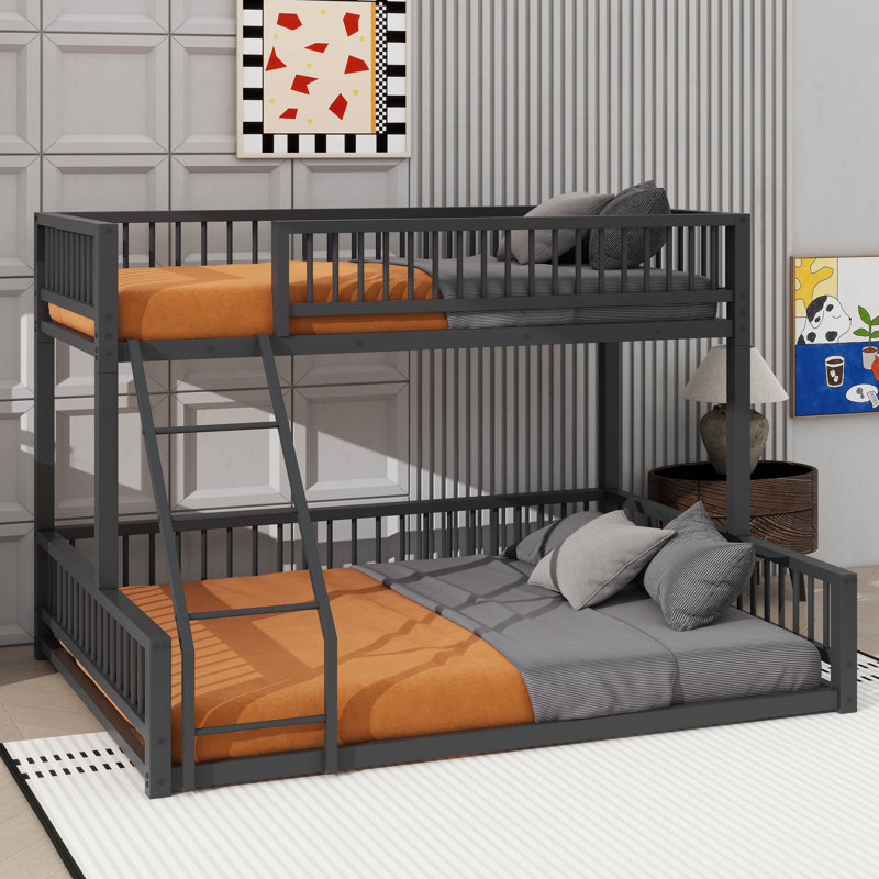 Twin XL Over Queen Floor Bunk Bed Frame Equipped With A Ladder And Safety Guardrails, Black