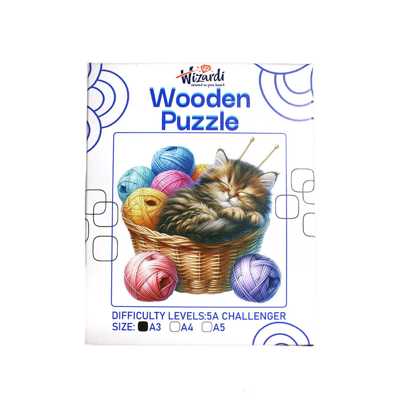 Chat dans un panier - puzzle en bois par Wizardi F07N9-36