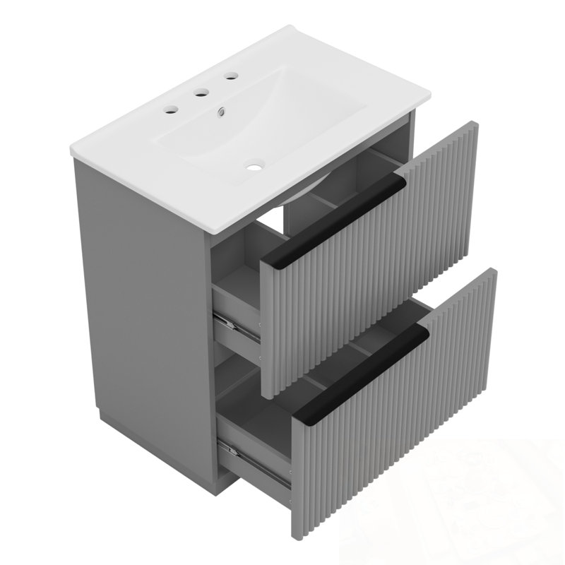 Meuble-lavabo avec lavabo, 2 tiroirs et poignées en métal, Gris