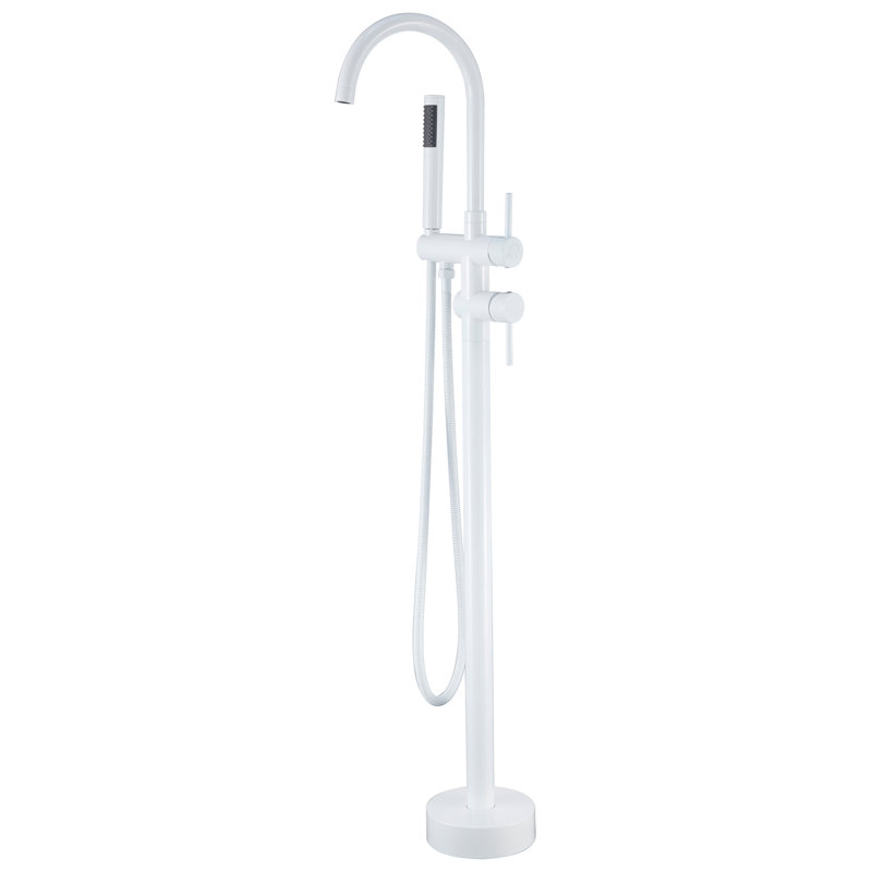 45-1/2" H Freestanding Double Handles Tub Faucet With Handheld Shower And Rotatable Spout, Chrome White