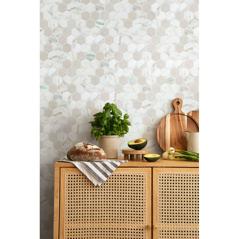 Haelm 2-in Hexagon Honeycomb Marble Look Upcycled Polished Glass Wall & Floor Mosaic Tile, Deiter