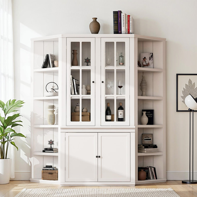 Retro-Modern Bookcase Wall System, 69.25" Wide with Glass-Door Cabinet & 2 Triangle Shelves, White MDF for Living Room or Office