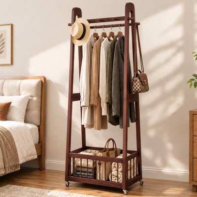 Portant à vêtements en bois massif avec roulettes, sur pied, double tringle avec tablette de rangement, 60 cm × 41,5 cm × 162 cm