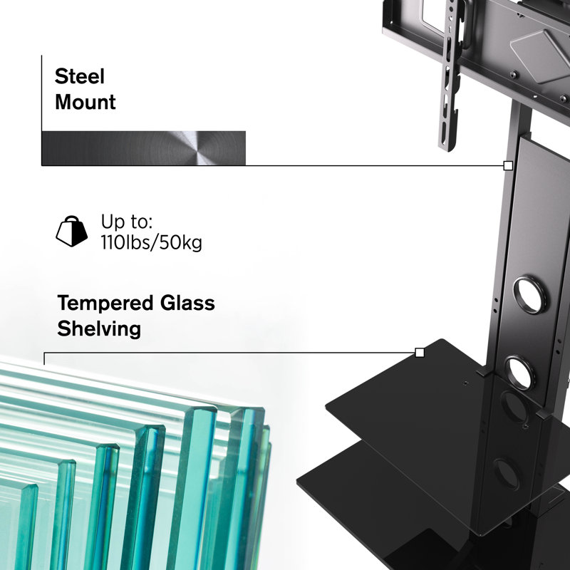 Black Metal Swivel TV Stand with Tempered Glass Shelves