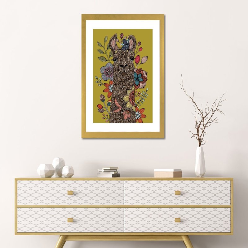 «Llama I» par Valentina Harper - impression d'art graphique, H 24 po x l 16 po x P 1 po, Blanc, Papier encadré doré