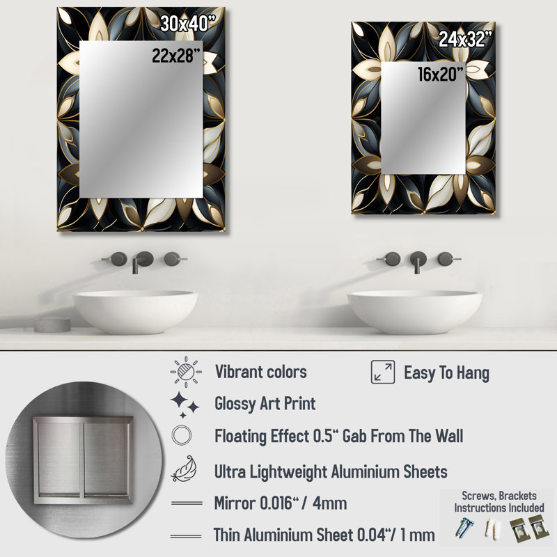 Dimensions de la mosaïque en marbre noir et doré - miroir mural géométrique, 40 po x 30 po