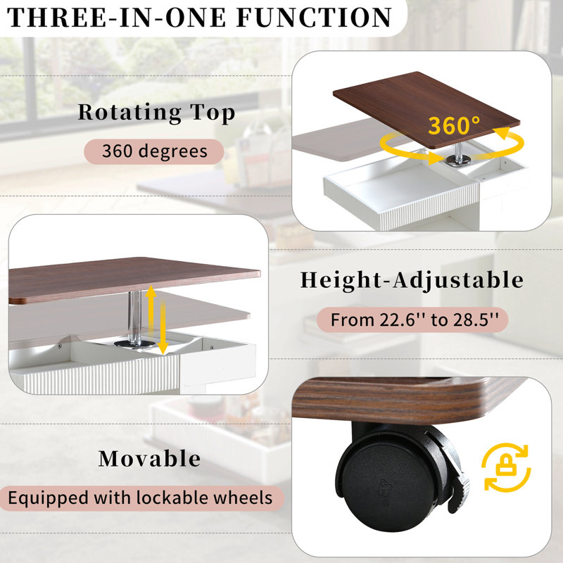 29.5"L Modern End Table With Lockable Swivel Wheels, Multifunctional Side Table With 360°Rotating Lift-Top, Industrial Accent Table With Storage Space For Living Room, White