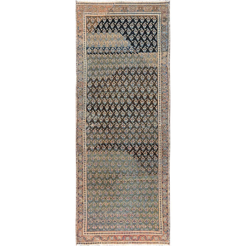 Tapis de couloir 3 pi x 8 pi 6 po vert sauge, persan du nord-ouest rétro avec abrash distinct, 100% laine, noué à la main, raccourci, usé et patiné, côtés et extrémités professionnellement sécurisés, tapis de couloir
