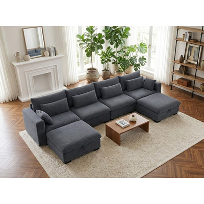 Oversized Corduroy Modular Sectional Sofa With Storage Ottomans