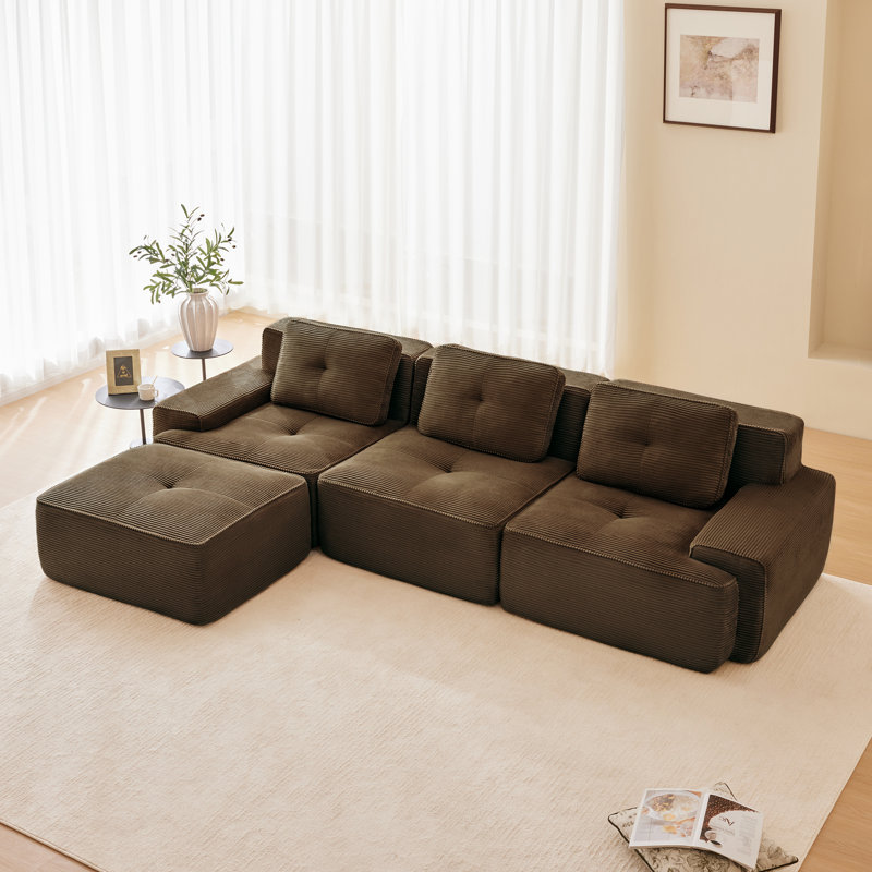  Canapé modulaire en L avec repose-pieds en velours côtelé de 117 pouces, brun, H 27,1 po x l 115,3 po x P 69,7 po, Brun
