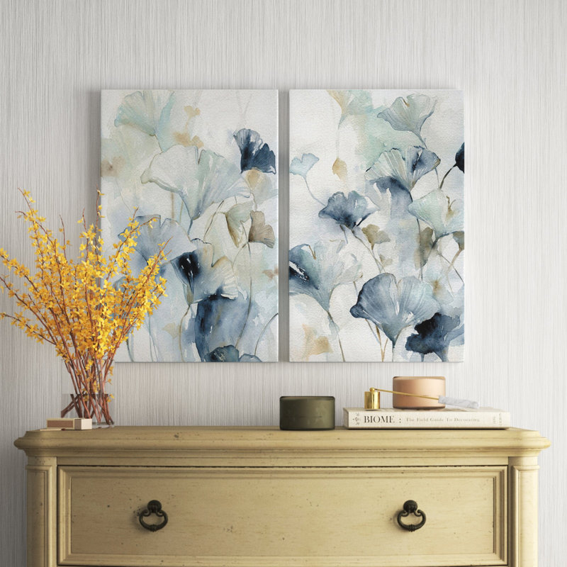 Indigo Ginkgo I - ensemble d'art textuel sur toile tendue 2 pièces, H 27 po x l 36 po x P 1,5 po