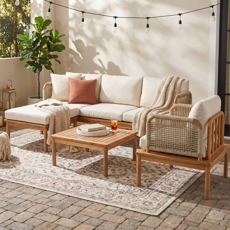 Ensemble de meubles 4 pièces en bois d'acacia, canapé de conversation avec table basse et repose-pieds, ensemble de canapé d'extérieur 3 places pour balcon