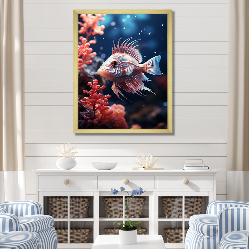 «Beautiful Fish in Coral World», reproduction sur toile, Cadre doré simple, H 20 po x l 12 po x P 1 po