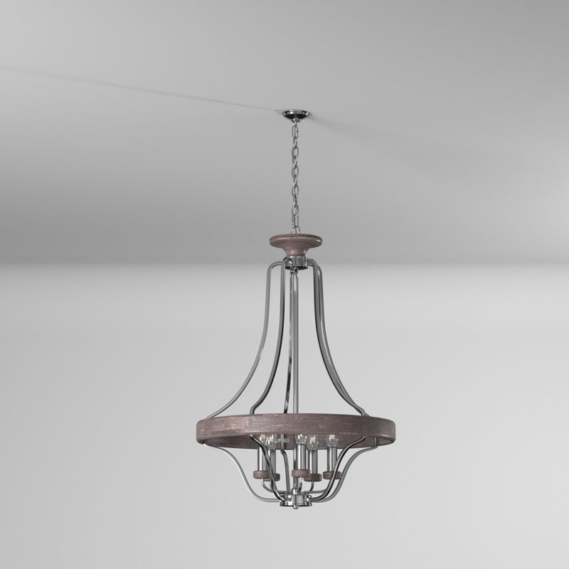 Lustree géométrique à 5 lumières lanterne Arkaitz, Nickel poli / bois gris