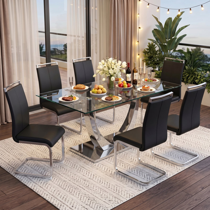 7-Piece 63" Modern Glam Rectangular Tempered Glass Dining Set with Faux Leather Cantilever Chairs, 7 Pieces: Table, 6 Chairs