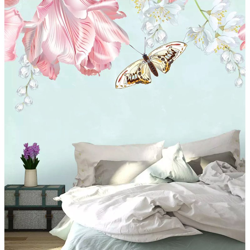 Papier peint amovible classique avec fleurs roses et papillons jaunes, L 9 po x l 15 po