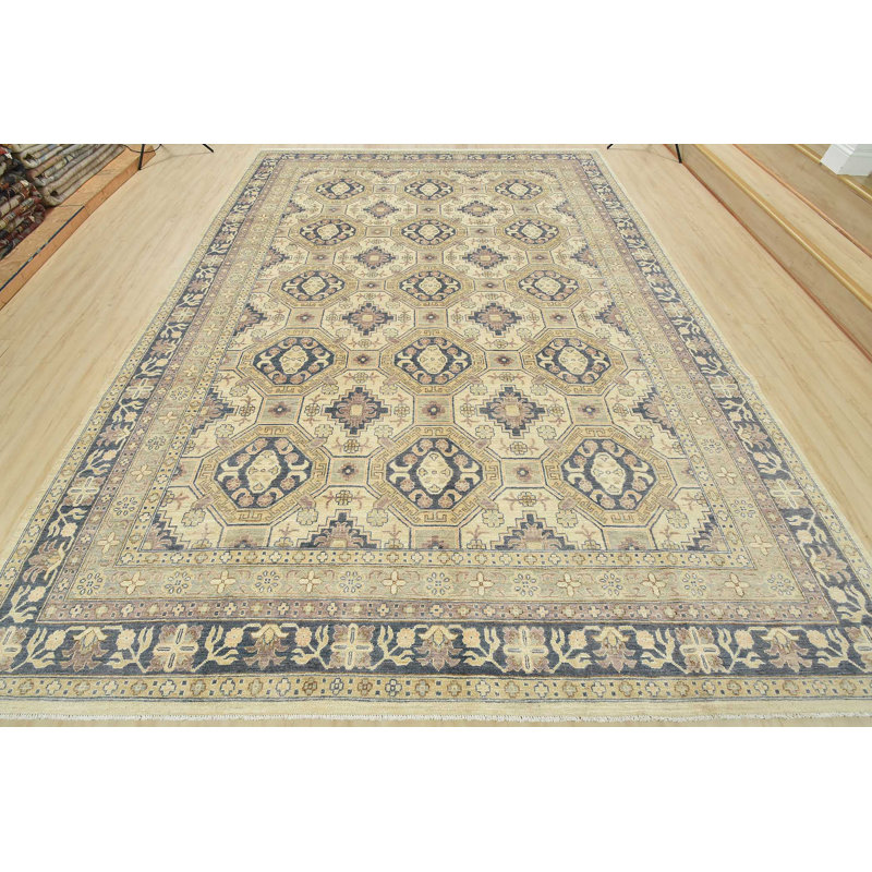 Tapis bleu / beige en laine noué à la main de conception unique 10 pi 2 po x 14 pi 3 po