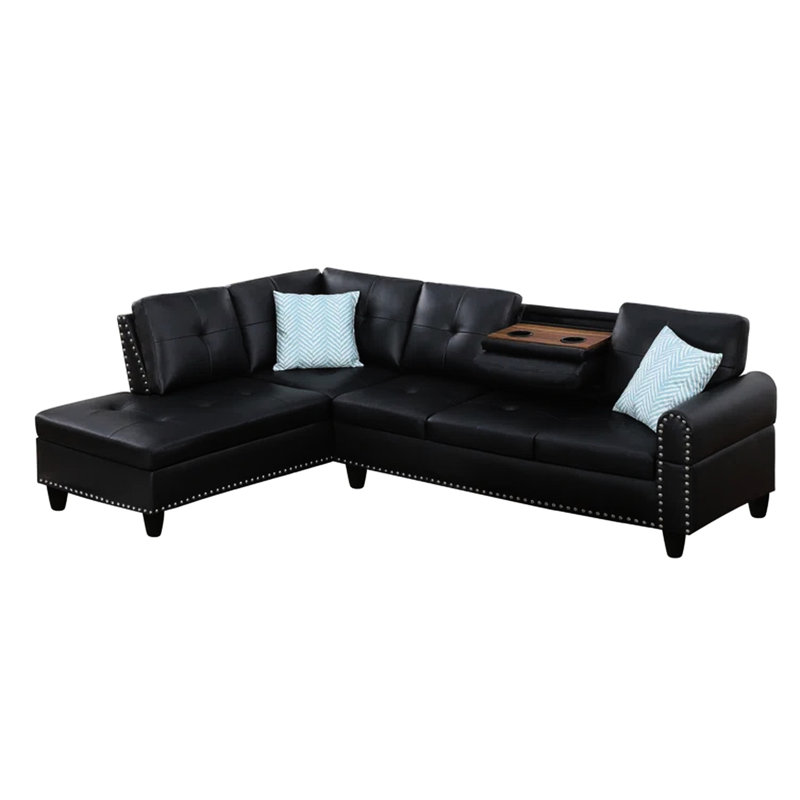 2 - Piece Faux Leather Sectional , L Shaped, Left Hand Facing, Black, 3 Seat, Comfortable For Living Room, With Pillow Backs, Nailhead Trim, Removable Back Cushions, Foam Filled, Hand Tied Springs,