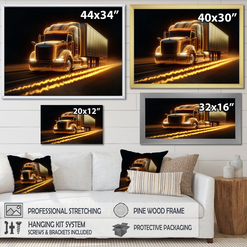 Camion jaune semi-néon sur toile, Encadrement doré, H 24 po x l 32 po x P 1 po