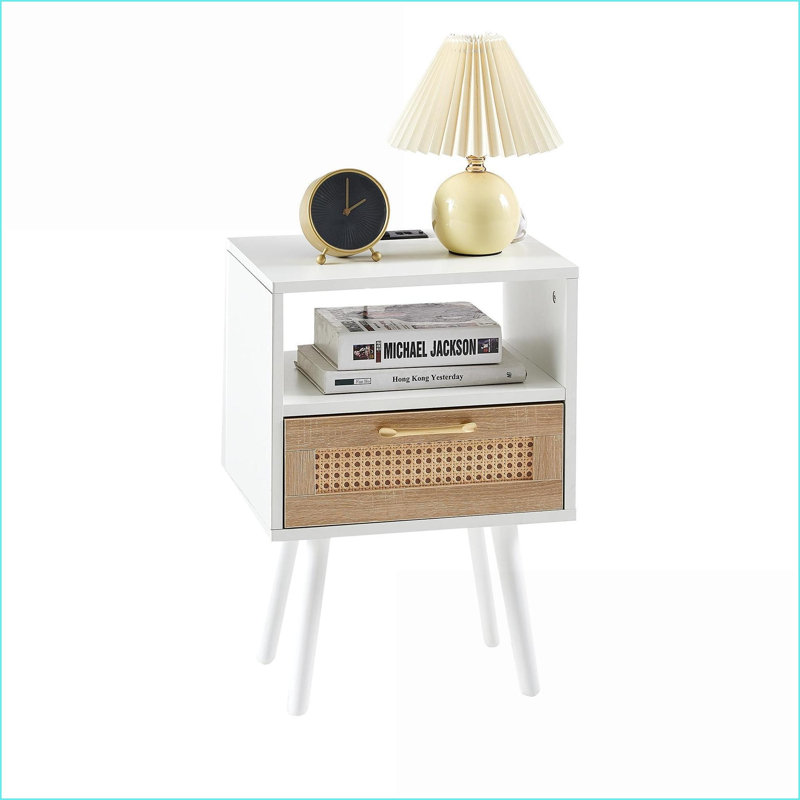 Table basse en rotin blanc avec ports d'alimentation / USB, pieds en bois massif et amp; Tiroir pour le salon, Blanc