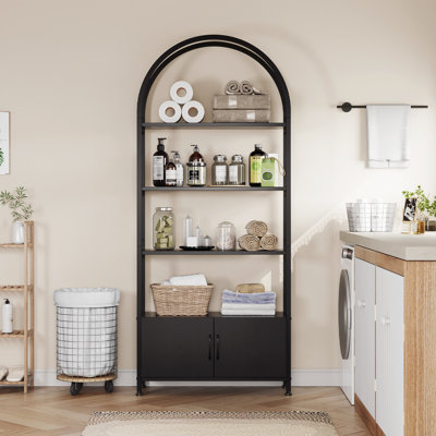 Modern Arched Bookshelf with Doors - 71.5" Tall 4-Tier Metal Bookcase Cabinet - Freestanding Storage & Display for Living Room or Home Office - Black Black Frame
