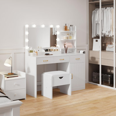 Vanity Desk with Mirror and Lights, Makeup Vanity Set with Power Outlet, Storage Stool, 3 Drawers and Shelves Dressing Table for Bedroom