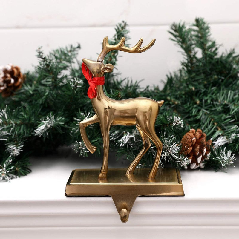 Antique Gold Reindeer and Santa Sleigh Stocking Holders Set