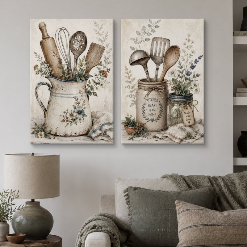 «Vintage Kitchen Utensil Still Life», art de cuisine, impression sur toile encadrée, 2 pièces, 36" H x 48" W x 1.5" D