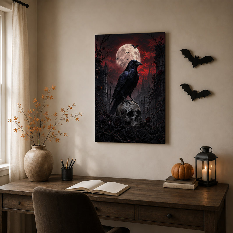 Art mural sur toile, corbeau noir perché sur un crâne sous la lune rouge, H 30 po x l 20 po
