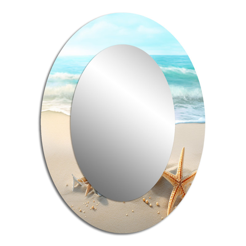 Étoile de mer et coquillages I - miroir mural ovale côtier, 40 po x 30 po