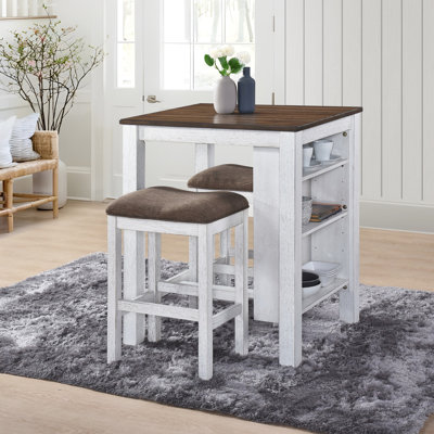 Comptoir 3 pièces idéal pour les espaces confortables, look rétro moderne, installation facile et rapide, matériaux, finition blanchie, tablettes de rangement, tabourets confortables, économie d'espace, chêne antique blanc, bois massif