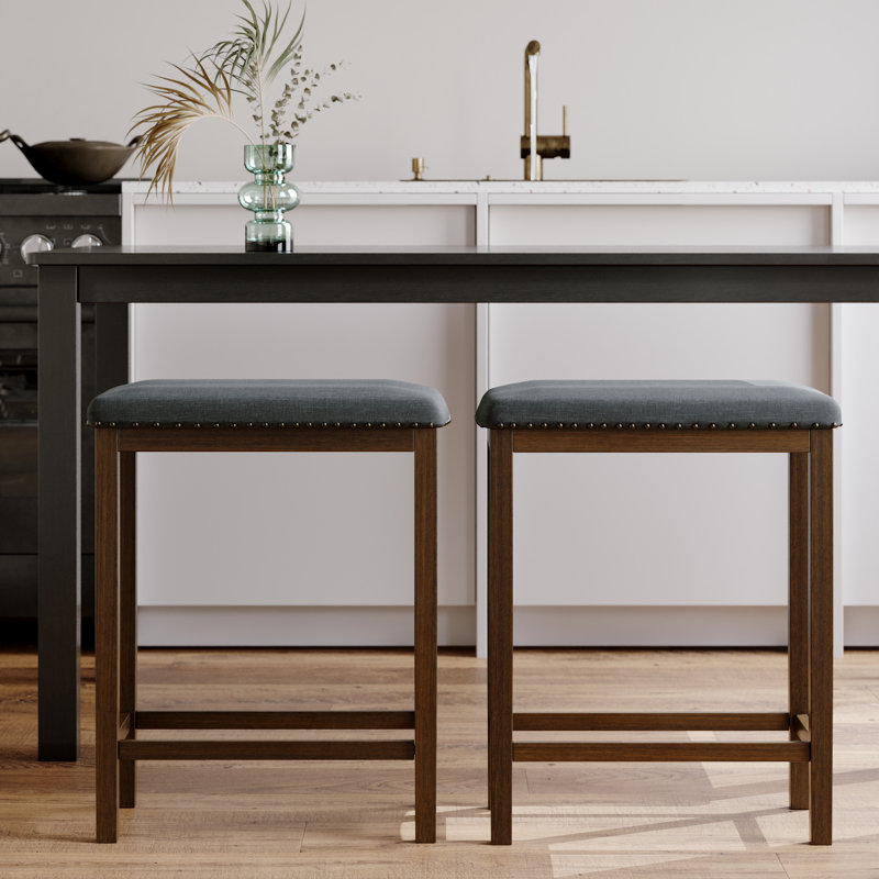 Winston Porter Solid Wood Backless Bar Stool - Set of 4 Straight-Leg Stools with Upholstered Seat, Walnut