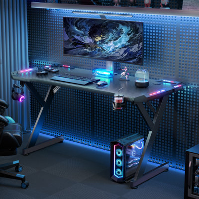 Grell Gaming Desk With LED Lights, Home Office Gamer Desk, Ergonomic Computer Table With Large Carbon Fiber Desktop, Office Workstation With Mouse Pad by Wrought Studio