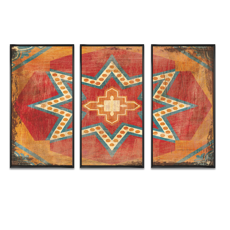 «Moroccan Orange Tiles Collage I», ensemble de 3 reproductions d'art sur toile encadrées bohémiennes et éclectiques