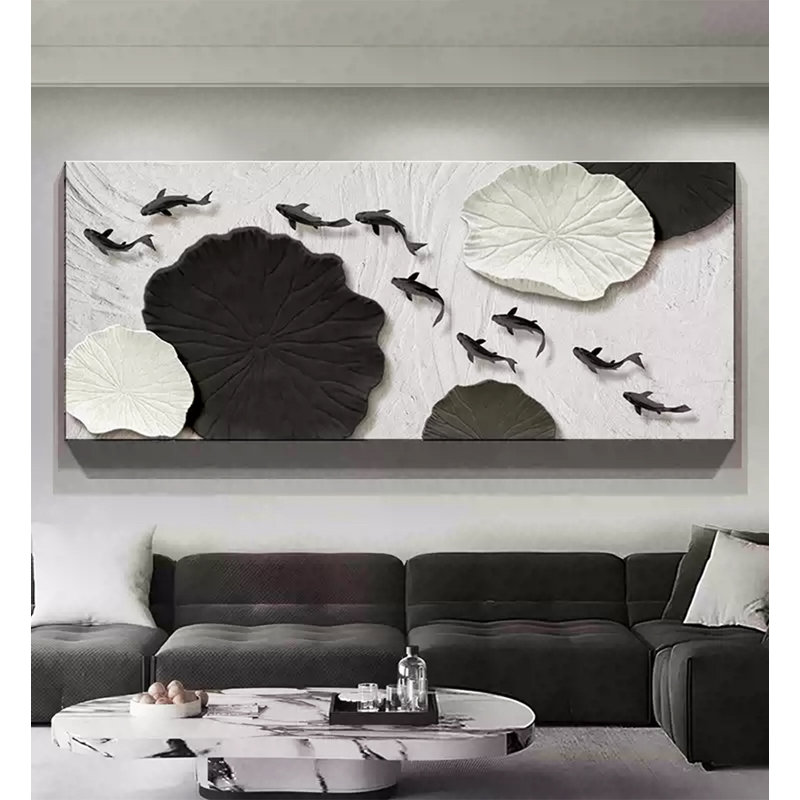 Peinture murale horizontale moderne de luxe à neuf poissons jouant dans le grès, H 19,69 po x l 47,24 po