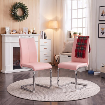 Modern Faux Leather Cantilever Dining Chairs with Chrome Base (Set of 2)
