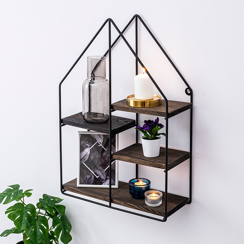 Ensemble de tablettes murales modernes (4 pièces), noir et noyer, 23,6 po x 15,7 po x 5,9 po | 100% bois d'épinette (épaisseur: 0,6 po) et cadre 100% métal (épaisseur: 0,2 po) | Solution de rangement élégante pour la décoration industrielle