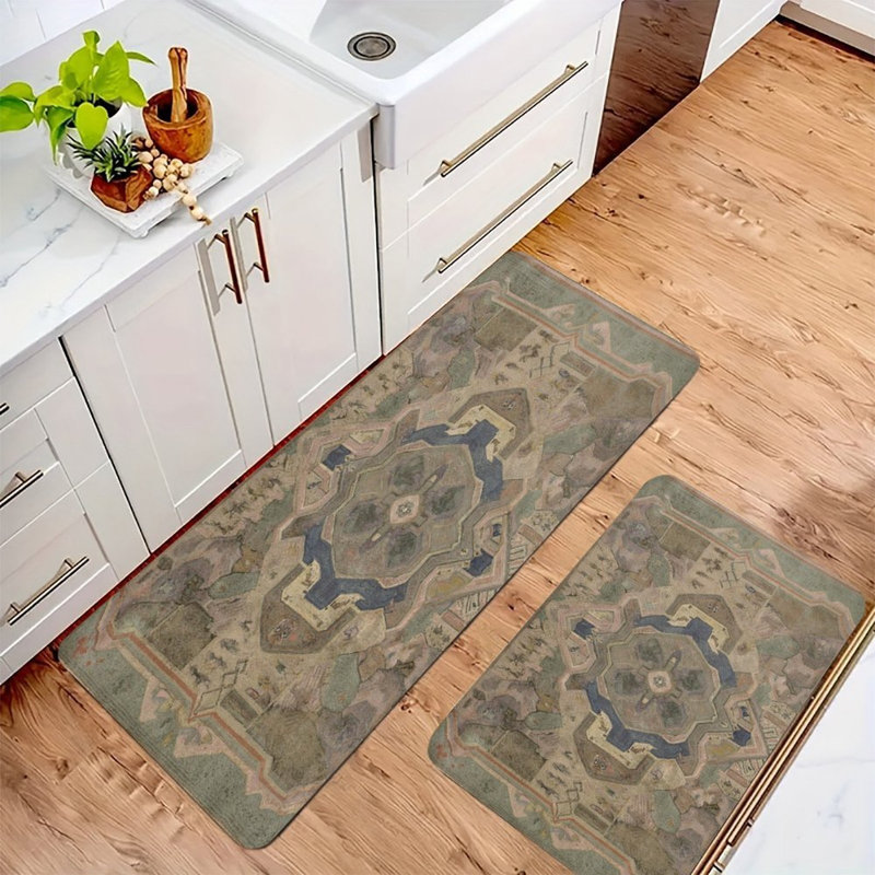 Tapis de cuisine géométrique 2 pièces Antique Palace, Brun oriental
