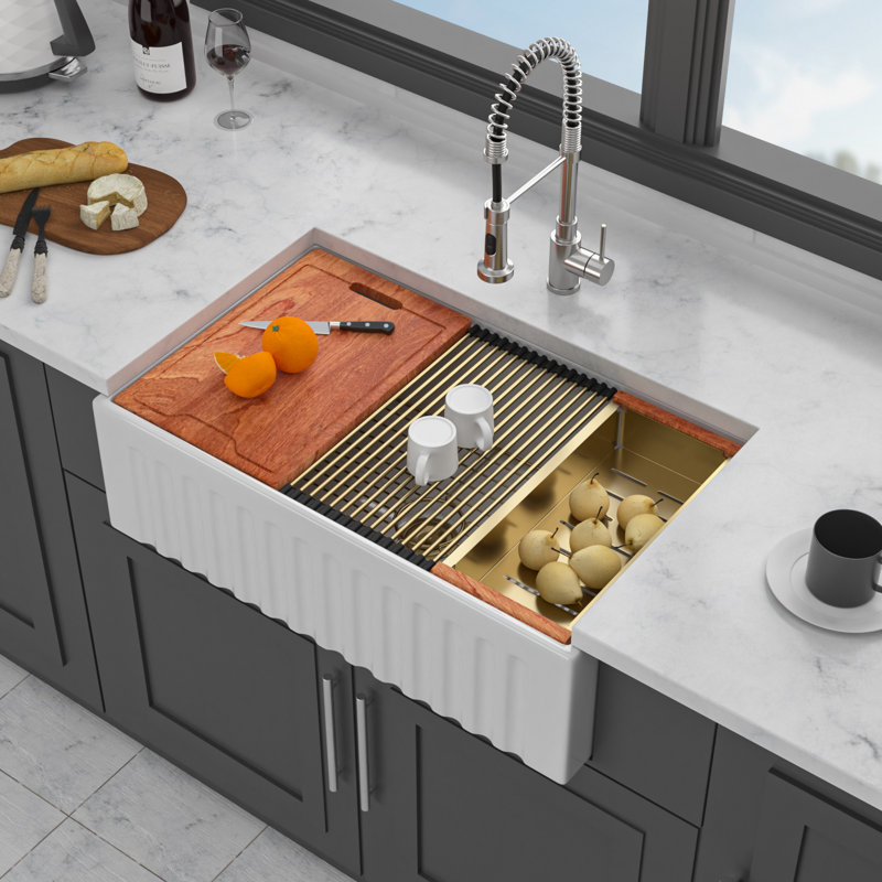 33 po x 20 po x 10 po - Station de travail blanche avec évier de cuisine en porcelaine