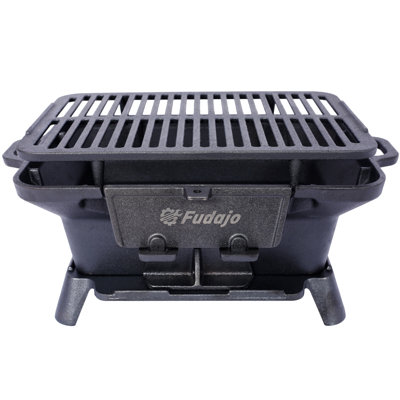Oval Cast Iron Charcoal Grill and Skillet 2 in 1 Portable Tabletop Hibachi Stove for Camping Backyard Patio with Heat Resistant Handles and Easy Clean Design
