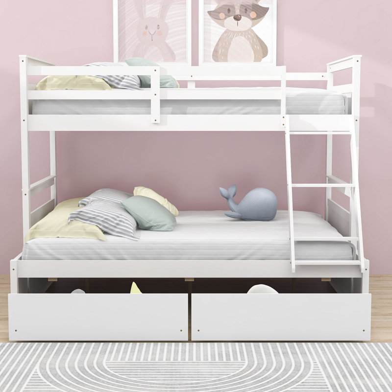 Kids Twin Over Full Bunk Bed with Drawers, White