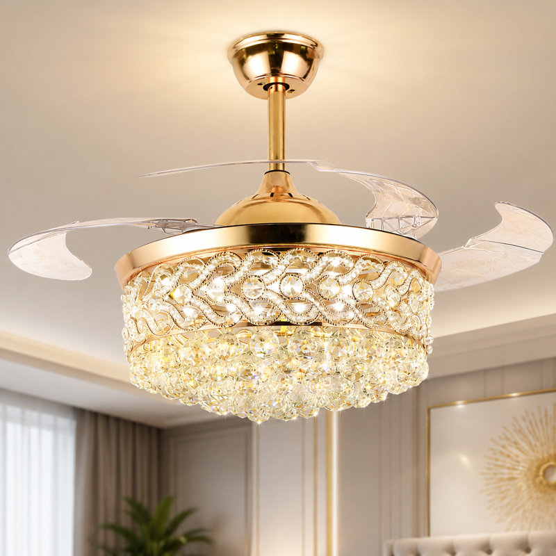 Ventilateur de plafond 42 po en cristal avec ensemble DEL et télécommande, Or champagne