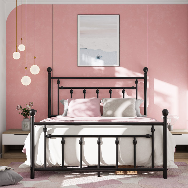 Edsall Metal Bed with Headboard and Footboard No Boxspring Needed, Black, Queen