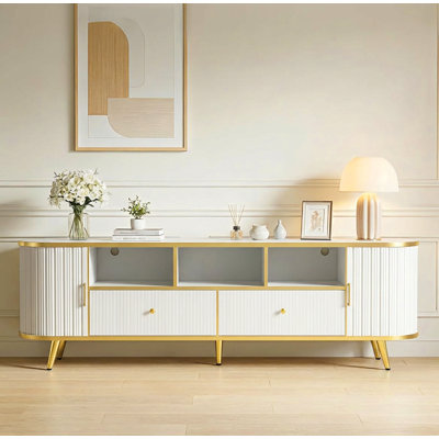 70” Fluted TV Stand with LED Lights, Entertainment Center for TVs Up to 80 Inches, Modern Media Console with Storage Cabinet, Open Shelves & Sliding Doors, TV Consoles for Living Room, White