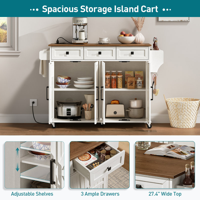 43.7'' Kitchen Island with Drop Leaf and Power Outlet, Rolling Kitchen Island Cart with Storage and Adjustable Shelving