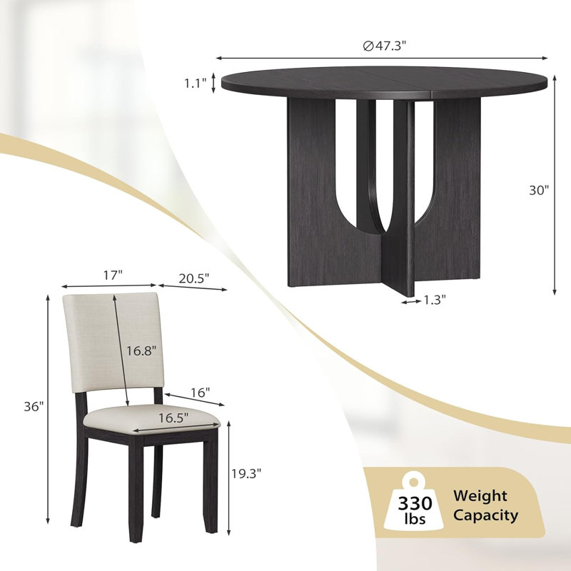Ensemble de salle à manger rond 47,3 po avec 4 chaises rembourrées, ensemble de table de salle à manger moderne pour 4, ensemble de table de salle à manger 5 pièces pour salon, cuisine, noir antique et beige