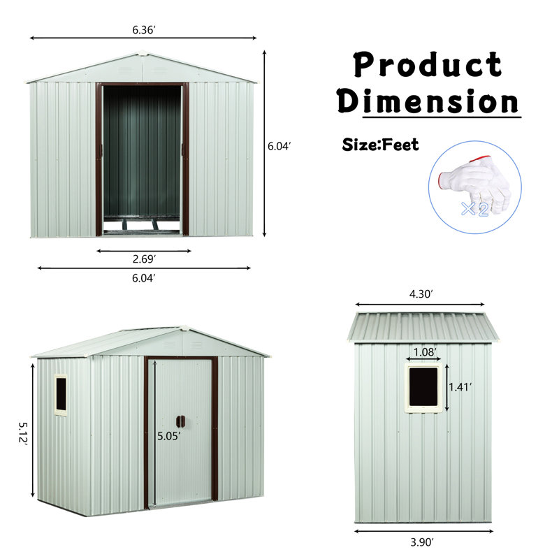 6Ft X 5Ft Metal Shed With Foundation, Elements - White Foundation & Material, White