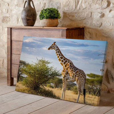 Toile, une girafe majestueuse se dresse gracieusement dans une savane ensoleillée, art mural à long cou élégamment arqué